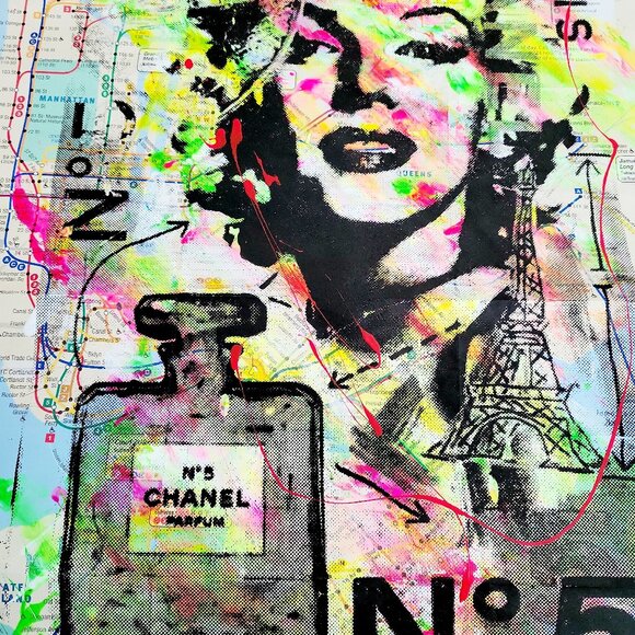 💋Chanel No.5 Marilyn Monroe Handpainted Acrylic Art Painting on NYC Subway Map - Picture 4 of 6